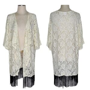 Lularoe Western Boho Cowgirl Festival Lace Floral Kimono Duster Beige Fringe S